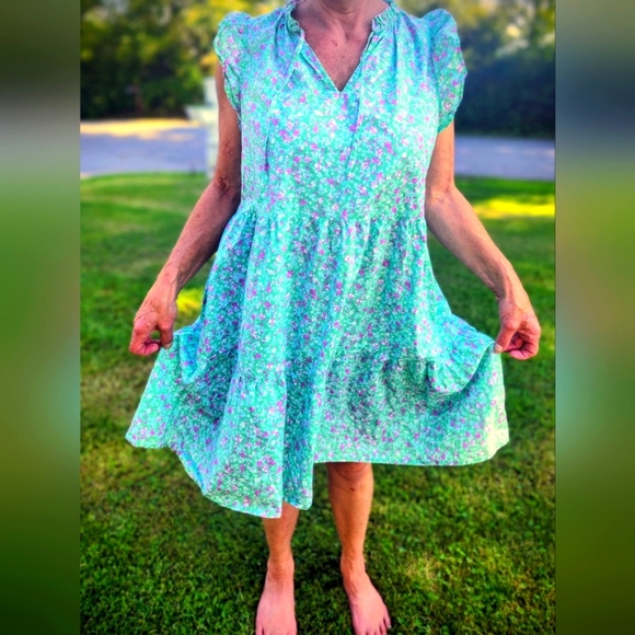 POPLIN Tiered Ruffled Jade Floral Print SUMMER Breeze DRESS Large 12/14 COTTON - Picture 2 of 5